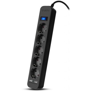 SVEN SF-05LU, 5 Sockets + 2 USB 5.0m, Black